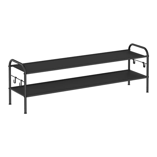 SONGMICS Shoe Rack, 2-Tier Shoe Organizer, Fabric Shoe Shelf Storage with 4 Hooks, Holds up to 12 Pairs of Shoes, Height-Adjustable Shoe Rack for Entryway, Hallway, Closet, Easy Assembly, Ink Black - color: Ink Black, size: 2 Tier (13.7"H)