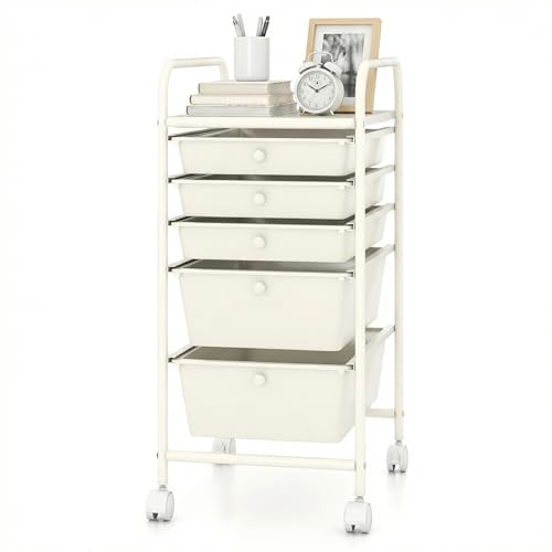 COSTWAY 6-Drawer Rolling Storage Cart, Art Craft Tools Organizer on Wheels | Multifunctional Heavy Duty Utility Mobile Storage Trolley w/ 2 Lockable Wheels for Home Office School (White) - color: White, size: 6 Drawer