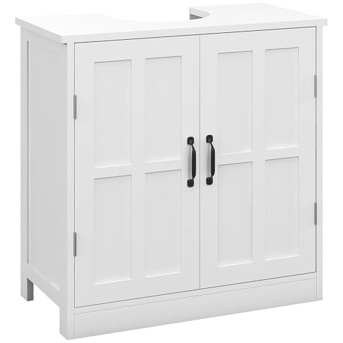kleankin Pedestal Sink Storage Cabinet, Under Sink Cabinet with 2 Doors and Adjustable Shelf, Bathroom Vanity with U-Shape Cut-Out, White - color: White