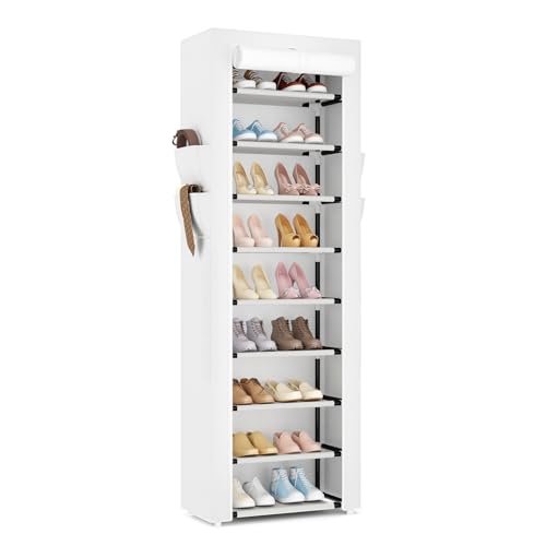 VILICK Shoe Rack with Cover Narrow Shoe Rack Organizer with 4 Side Pockets 10 Tier Tall Shoe Storage Shoe Shelf Holds 18-22 Pairs Shoes and Boots Shoe Rack for Closet, Printing - color: White, size: 10 Tiers-17.7" Wide