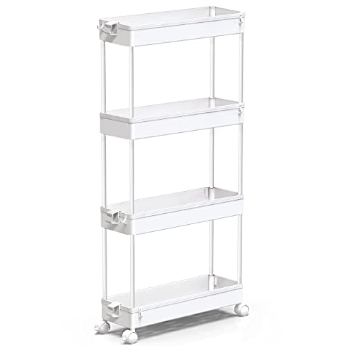 SPACEKEEPER Slim Rolling Storage Cart 4 Tier Bathroom Organizer Mobile Shelving Unit Utility Cart Tower Rack for Kitchen Laundry Narrow Places, White - color: White