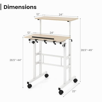 Tangkula Mobile Standing Desk, Height-Adjustable Laptop Podium Cart with Tilting Tabletop & Adjustable Angle, Rolling Stand Up Computer Desk with 2 Hanging Hooks & Lockable Casters for Home Office - color: Natural