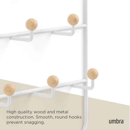 Umbra Estique Coat Rack, Over the Door Wall Hooks, 14 Hook, White/Natural | Steel, snag-free wooden pegs, fits doors to 1.6 inch, power coated finish
