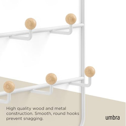 Umbra Estique Coat Rack, Over the Door Wall Hooks, 14 Hook, White/Natural | Steel, snag-free wooden pegs, fits doors to 1.6 inch, power coated finish