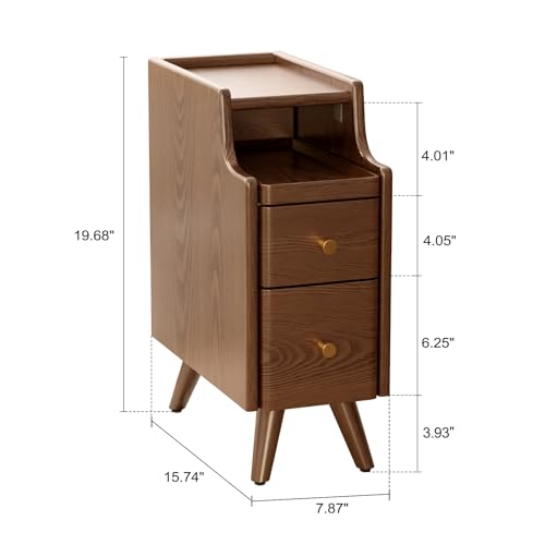 AQIMUELE Small Nightstand with Drawers, Solid Wood Bedside Table, Narrow Walnut Nightstand for Bedroom - color: 1 Pc(walnut), size: 15.74''D*7.87''W*19.68''H