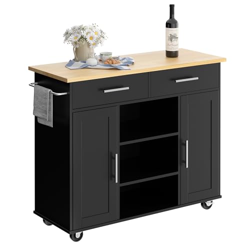 Shintenchi Kitchen Storage Island Cart with 3 Open Shelves, 2 Drawers and 2 Cabinets, Kitchen Cart on Wheels with Handle/Towel Rack, Black - color: Yellow