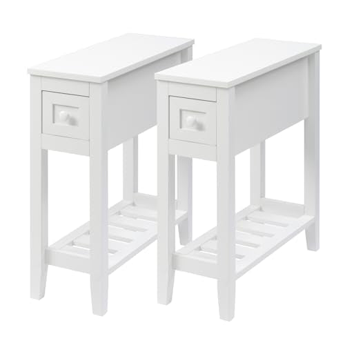 Narrow Side Table for Small Spaces, White Table with Drawer, Slim Bed Table/Night Stand Set of 2, Couch Table - size: 2 set White