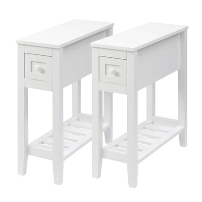 Narrow Side Table for Small Spaces, White Table with Drawer, Slim Bed Table/Night Stand Set of 2, Couch Table - size: 2 set White