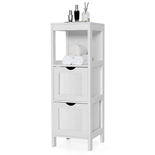 RELAX4LIFE Small Bathroom Storage Organizer, Freestanding with 2 Removable Drawers & Open Shelf, Wooden Corner Cabinet for Entryway, Living Room or Narrow Bathroom (White)