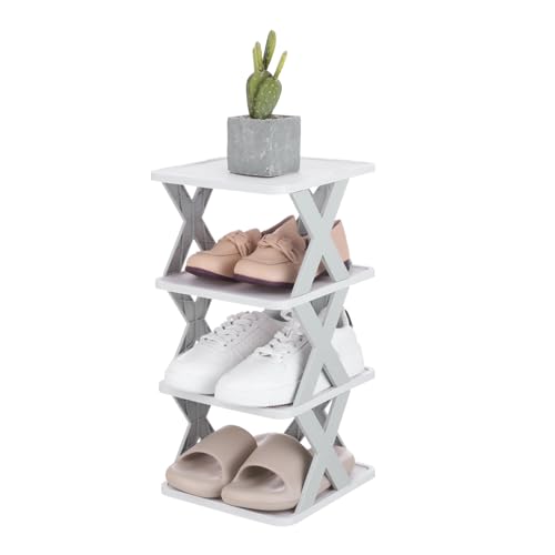 uxcell 4-Tier Plastic Shoe Rack, Vertical Shoe Rack Stackable Storage Organizer Folding Space-Saving Narrow Slot Shelf for Closet Livingroom Entryway Garage, Gray/White - color: Gray/White, size: 10.2x9.4x19.5 Inch