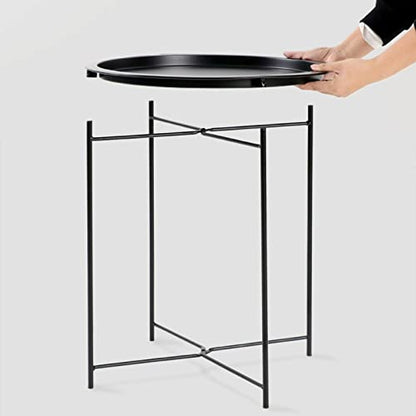 Garden 4 you End Table Metal Side Table Black Round Folding Tray Cyan Sofa Small Accent Fold-able Table, Round End Table Tray, Next to Sofa Table, Snack Table for Living Room and Bed Room - color: Black