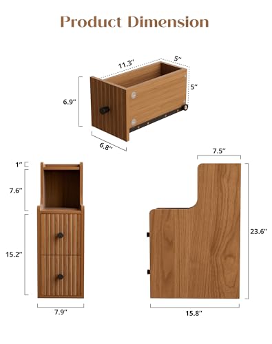 Narrow Side Table with 2 Drawers, Mid Century Modern Slim Night Stand with Storage, Wooden End Table for Small Spaces, Bedroom, Living Room（No Charging Station）