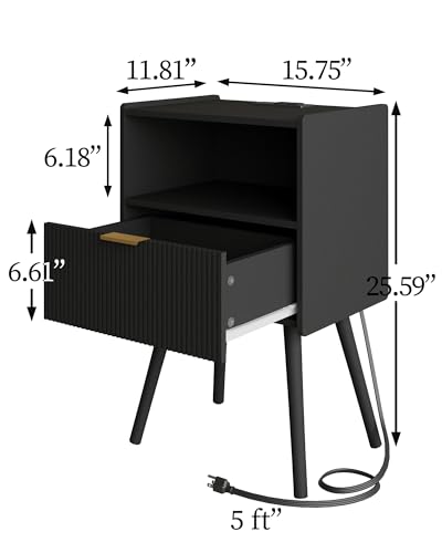 Veegle Nightstand,Modern Bedside Table with Storage Drawer and Open Wood Shelf, Accent Night Stand with Solid Wood Legs for Living Room, Bedroom and Small Spaces,Easy Assembly (Black-Outlet) - color: Black-outlet