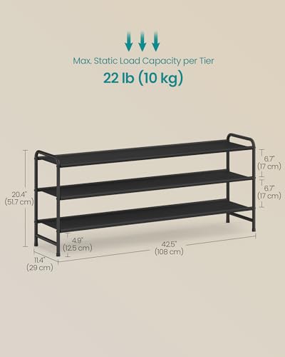 SONGMICS Long Shoe Rack Organizer for Closet, Free Standing Shoe Storage Shelf, Holds 16-20 Pairs, for Entryway, Bedroom, Easy to Assemble, 11.4 x 42.5 x 20.4 Inches, 3 Tiers, Ink Black ULMR093BP01 - size: 3 Tiers