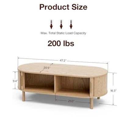 ZttRiee Oval Coffee Table with Sliding Doors, Modern, Natural | 47.24"L x 21.65"W x 16.14"H, 200 lbs capacity, 2 front & back storage areas, ~60 min assembly - color: Oak_lsj032-n