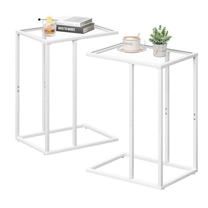 Easy Paws Small C Shaped End Table Set of 2, Glass Couch Side Snack Table for Living Room, Bedroom,TV Tray Table for Sofa,Accent Coffee Table,Nightstand with Metal Frame(White) - color: White