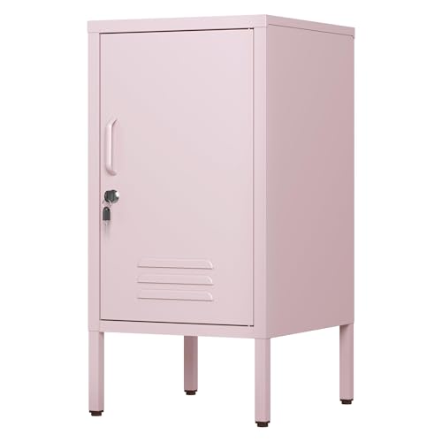 Garvee Metal Locker Nightstand with Shelf,Single Door Lockable Metal End Table,Modern Bedside Table, Versatile Side Cabinet for Bedroom, Living Room, or Office (27.55”h x 13.78”w x 14.96”d) - color: Pink