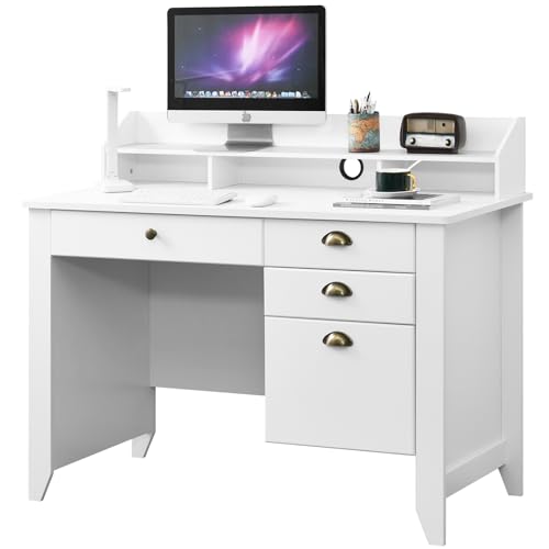 Catrimown Computer Desk with Drawers and Hutch, 47 Inch Home Office Desk with File Drawers, Student Girls Desks, Teens Writing Table with Hutch, Small Desk with Drawer for Bedroom, White - color: White Oak