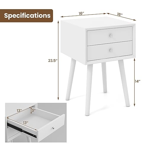 GOFLAME Nightstand with 2 Drawers, Small Wooden Side Table, Mid Century Modern Bedside Table with Storage, Compact End Table for Bedroom, Easy Assembly, White - color: White
