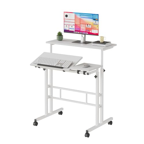 VECELO Mobile Small Standing Desk Adjustable Height, Computer Workstations with Tiltable Tabletop, Lockable Wheels, Portable Rolling Laptop Desk for Home Office, White - color: White