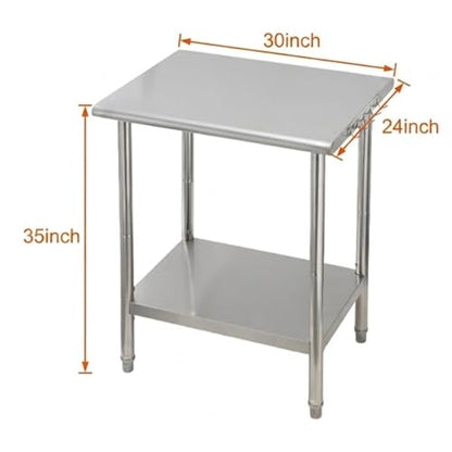 Garvee Stainless Steel Curved Edge Work Table 30 inch Double Layer, Heavy Duty Commercial Prep Table with Hook, 0.7mm Thick - size: 30*24*35inch
