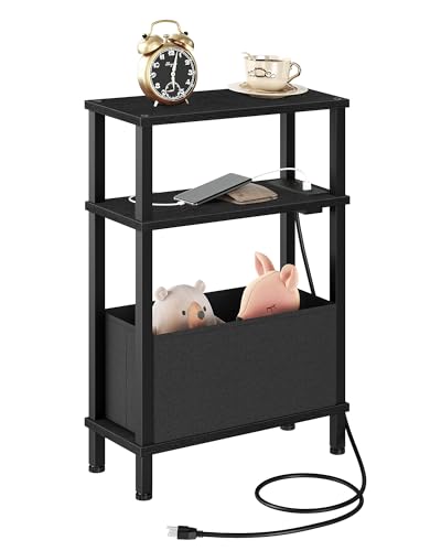CHOEZON Small Narrow Side Table with Charging Station, Skinny End Table with Fabric Basket, Slim Nightstand for Small Spaces, Sofa Side Table, for Living Room, Bedroom, Black TBZ07UBB - color: Black