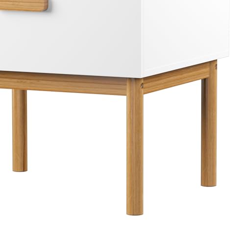 Modern Minimalist White Nightstand with Solid Pine Wood Legs & Spacious Drawer - Versatile Bedside Table for Bedroom, Living Room, or Small Apartment