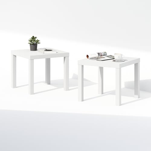 Furinno Classic Set of 2 Modern Coffee Table, Printer Stand, White | 1.8" Triple Thick Square Tabletop, Side Table with 4 Legs, for Living Room, Bedroom, Home Office - color: White, size: Set of 2, Square