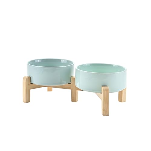 SPUNKYJUNKY Elevated Dog Bowls Ceramic, 5.1'' Dogs and Cat Food Water Bowls Raised with Non-Slip Bamboo Stand for Puppy Small Sized Breed Microwave Dishwasher Safe - 13.5 OZ,Light Green - color: Light Green, size: 5.1 in - 1.7 cups