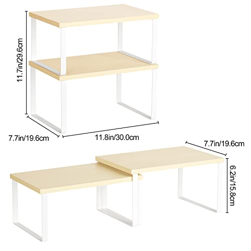 Counter Shelves Set of 4 Stackable Kitchen Cabinet Organizer Shelf and Expandable Wood Countertop Shelves for Bathroom Study Room, White | Expandable Wood Countertop Shelves, for Bathroom, Study Room, Home Office - color: White