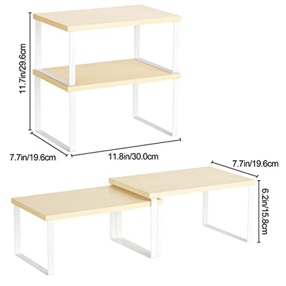 Counter Shelves Set of 4 Stackable Kitchen Cabinet Organizer Shelf and Expandable Wood Countertop Shelves for Bathroom Study Room, White | Expandable Wood Countertop Shelves, for Bathroom, Study Room, Home Office - color: White