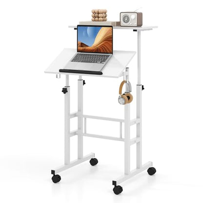 Tangkula Mobile Standing Desk, Height-Adjustable Laptop Podium Cart with Tilting Tabletop & Adjustable Angle, Rolling Stand Up Computer Desk with 2 Hanging Hooks & Lockable Casters for Home Office - color: White