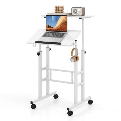 Tangkula Mobile Standing Desk, Height-Adjustable Laptop Podium Cart with Tilting Tabletop & Adjustable Angle, Rolling Stand Up Computer Desk with 2 Hanging Hooks & Lockable Casters for Home Office - color: White