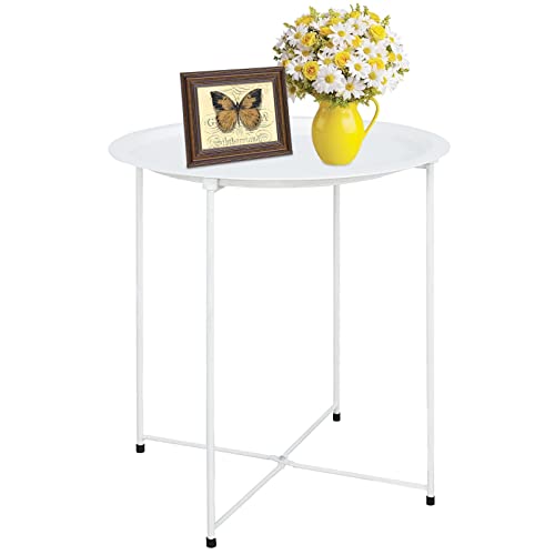 Garden 4 you End Table Metal Side Table White Round Folding Tray Cyan Sofa Small Accent Fold-able Table, Round End Table Tray, Next to Sofa Table, Snack Table for Living Room and Bed Room - color: White