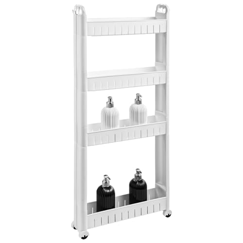 4 Tiers Slim Rolling Storage Cart, 3.5 in Slim Slide Out Bathroom Organizer Cart, Tiered Storage Rack with Wheels, Narrow Mobile Utility Cart for Laundry Room, Kitchen, Office, Sturdy Room - size: 4 Tiers