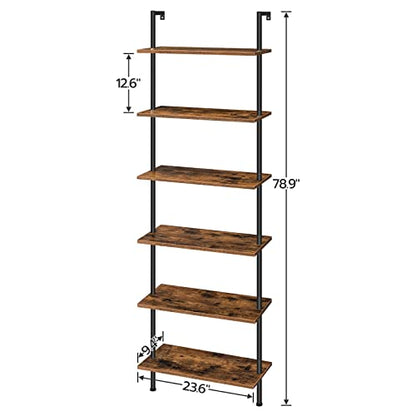 HOOBRO DIY Ladder Shelf, 6-Tier Wall Mounted Bookshelf, Office Vertical Bookcase, Wooden Storage Shelves for Home Office, Bedroom, Rustic Brown and Black BF65CJ01 - color: Rustic Brown and Black
