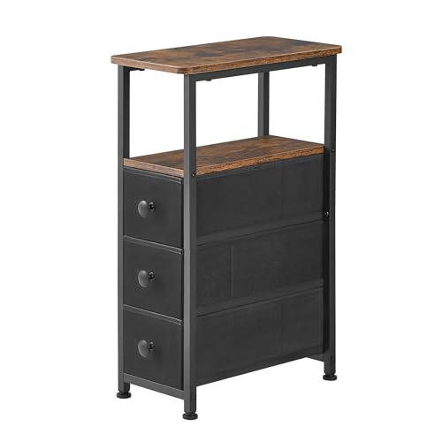 End Table, Narrow Side Table with 3 Fabric Drawers, Slim Nightstand, Small Bedside Table with Storage, Living Room, Bedroom, Rustic Brown HKET1300BR - color: Rustic Brown, size: 7.9" W x 15.7" D, style: No Power