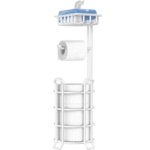 TomCare Toilet Paper Holder Stand with Shelf 4 Raised Feet Upgraded Free Standing Toilet Paper Roll Storage with Tissue Paper Dispenser Metal Bathroom Storage Organization (White) - color: White, size: With Shelf