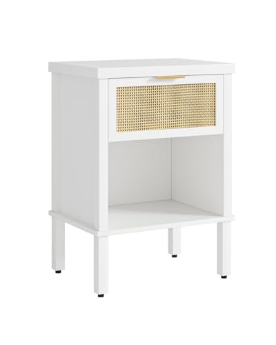 Rattan Nightstand with Drawer and Open Shelf, Boho Side Table with Gold Handle, Small Night Stand, Modern Bedside Table for Bedroom, White - color: White