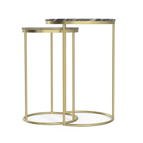SIMPLIHOME Ashley Nesting Tables Set – 16 inch Wide Genuine Marble Top Metal Accent Tables in Grey Taupe Marble/Gold, Round End Tables for Living Room or Bedroom with Compact Design, Assembled