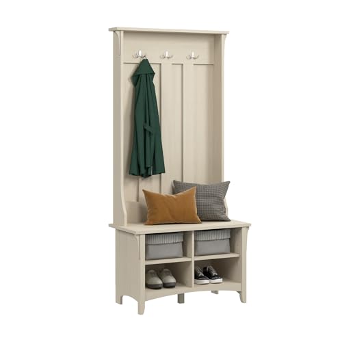 Bush Home Salinas Hall Tree with Shoe Storage Bench in Antique White, Multi-Purpose Home Organizer, Entryway Solution with Seating and Hooks - color: Antique White