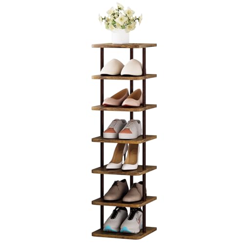 SORCEDAS Shoe Rack 7 Tiers Vertical MDF Narrow Shoe Shelf Tall Storage | Shoe Rack Storage Organizer Space Saving Entryway Closet Organizer Narrow Vertical Shoe Storage Tall Narrow Shelf Tower - color: Bronze, size: 7 Tier-Standard