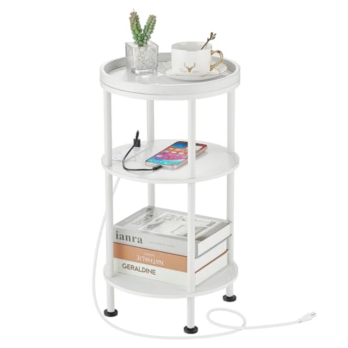 Small Round End Table with Charging Station, 3-Tier Accent Couch Beside Table with USB Ports & Power Outlets, Sofa Side Table for Living Room Small Nightstand Bedroom (USB Charger, White) - color: White, style: USB Charger