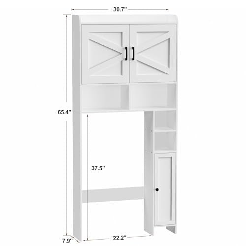 Homhedy Wooden Over The Toilet Storage Cabinet with Barn Door | Freestanding Bathroom Storage, Toilet Paper Holder, Adjustable Shelf,Space-Saving, Farmhouse Style, White - color: White
