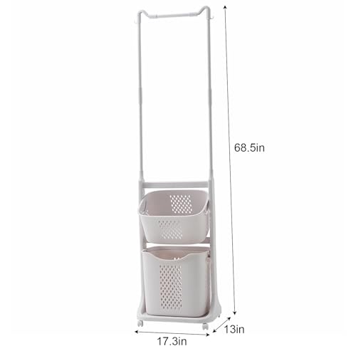 2-Tier Laundry Hamper Sorter with Hanging Bar, Rolling Laundry Baskets with Wheels Removable, Stackable Laundry Cart Organizer and Storage for Small Space Dorm Closet Bathroom - style: 2-Tier