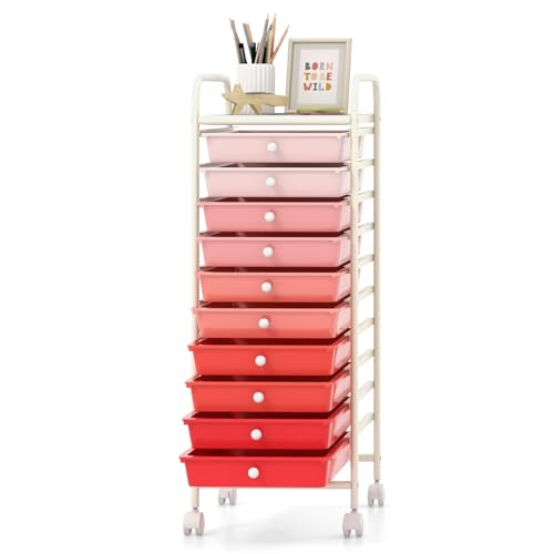 GOFLAME 10-Drawer Rolling Storage Drawer Cart, Utility Cart with Removable Drawers & Metal Frame, Mobile Art Craft Drawer Cart with Lockable Wheels for Home, Office, Studio, School, Pink - color: Pink, size: 10-Drawer without Wood Top