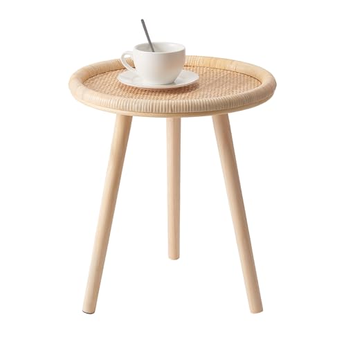 Small Side Table, Rattan Round Coffee Table, Boho Circle Side Tables End Table for Living Room, Mid Century Accent Table for Bedroom Balcony - color: Wood