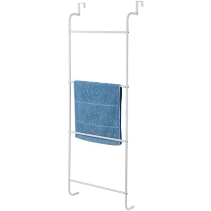 MyGift 4 Tier White Metal Over the Door Towel Rack Bathroom Holder Ladder | Space Saving Over Shower Door Drying Rack for Towels & Blankets, Linens Washcloths Clothing Guest Room Apartment Dorm