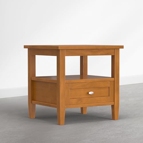 SIMPLIHOME Warm Shaker End Table - 20 inch Wide Solid Wood Side Table in Warm Honey Brown, Transitional Accent Table for Living Room with Drawer, Open Shelf and Square Tapered Legs - color: Warm Honey Brown, size: 20 inch, style: End Table