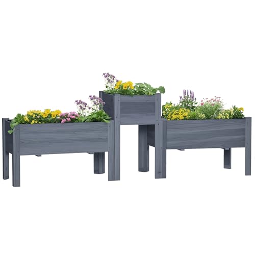 Outsunny Raised Garden Bed Set of 3, Wooden Elevated Planter Box with Legs and Bed Liner, for Backyard and Patio to Grow Vegetables, Herbs, and Flowers, Gray - color: Gray, size: 1.65' x 1.65' x 2.81'
